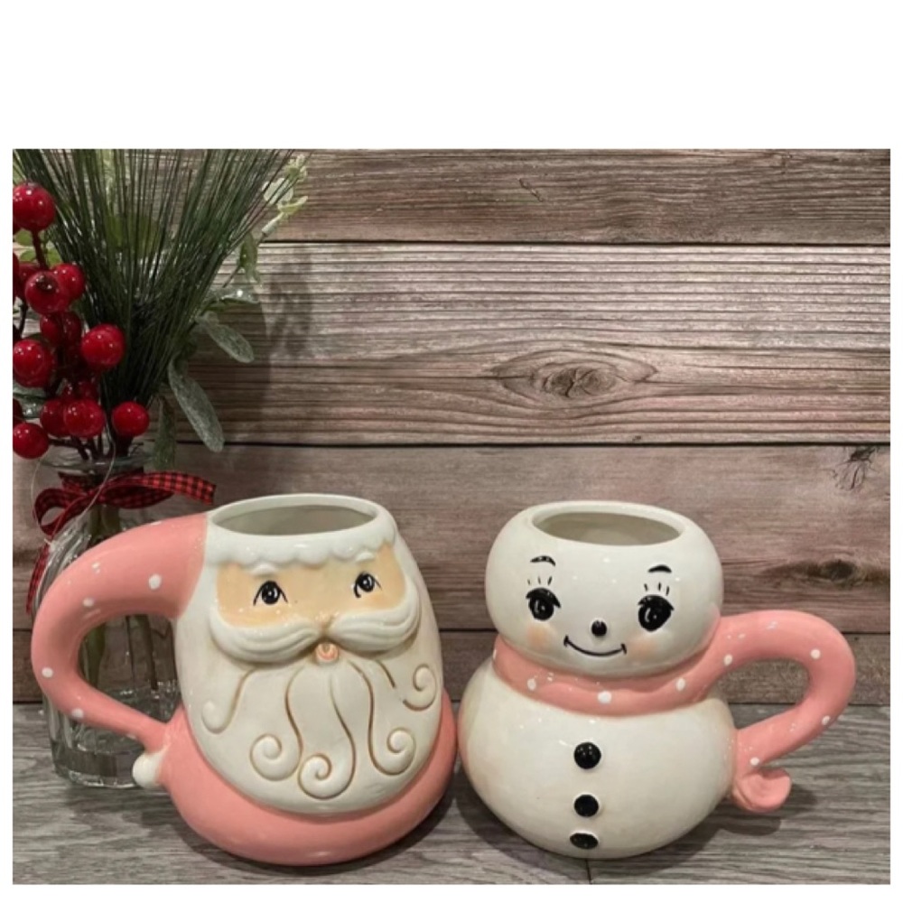 New Johanna Parker Pink Santa & Snowman Christmas Large Mug Set "Vintage"